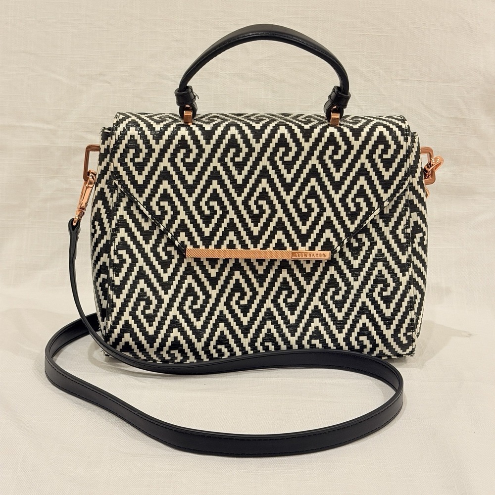 Ted Baker Kieraa Cross Body Handbag Purse Black White Geometric Woven Rose Gold
